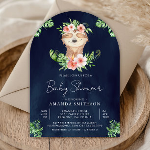 Convite Charmoso Sloth Floral Adorável Menina Azul-Marinho