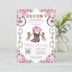 Convite Charra Floral Boots Quinceañera, rosa, ocidental