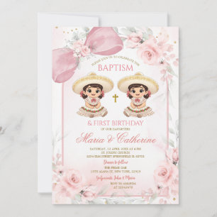 Convite Charra Gêmeas Meninas Rosa Floral Batismo 1º Anive