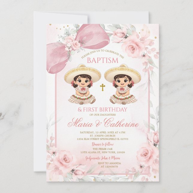 Convite Charra Gêmeas Meninas Rosa Floral Batismo 1º Anive (Frente)