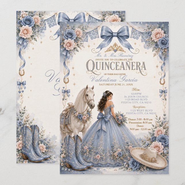 Convite Charra Quinceañera Azul Empoeirado (Frente/Verso)
