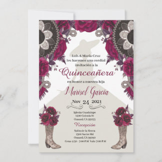 Convite Charra Quinceanera, Burgundy Mariachi