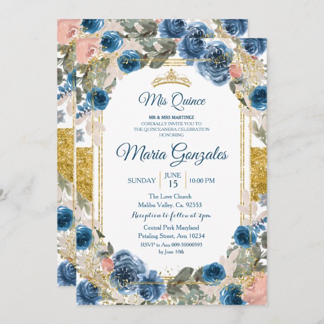 Convite Charra Quinceanera marinho Mexicano (Frente/Verso)