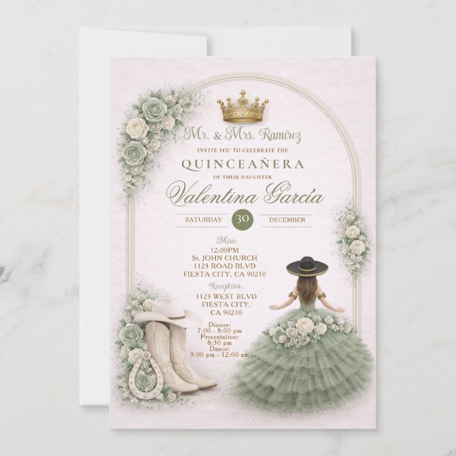 Convite Charra Quinceañera Ocidental em Verde Sage (Frente)