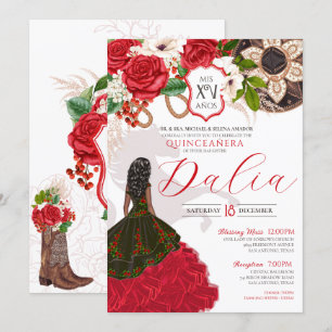 Convite Charra Quinceañera Rosa vermelha Floral Crest Ocid