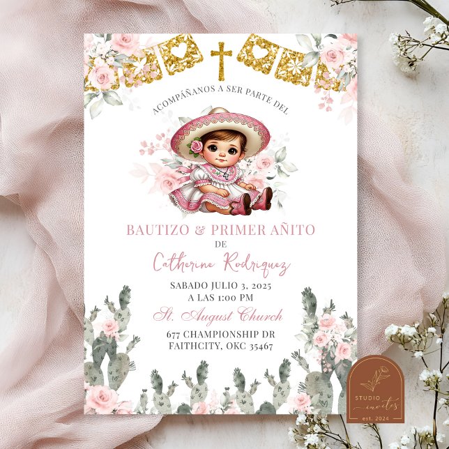 Convite Charra Rosas Rosa Bautizo Mexicano e Primer Anito (Criador carregado)