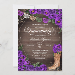 Convite Charra Rustic Boot Purple Rosa Quinceañera