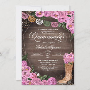 Convite Charra Rustic Roses Rosa Cowgirl Boots Quinceañer