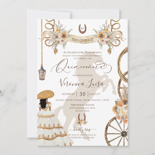 Convite Charro Floral Boho Rustic Country Quinceanera v2 (Frente)