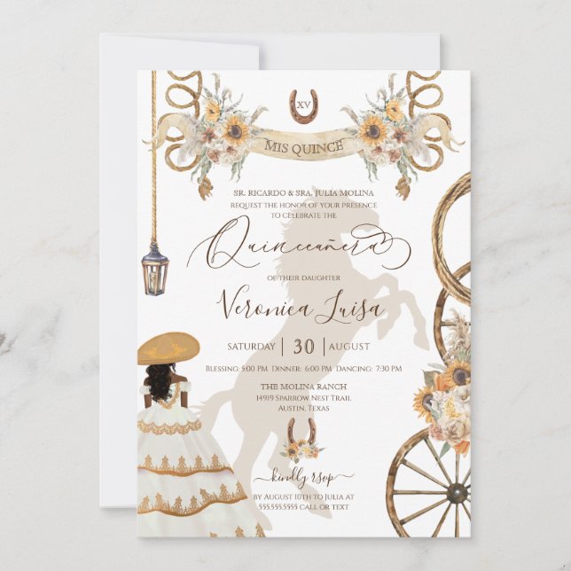 Convite Charro Floral Boho Rustic Country Quinceanera v2 (Frente)