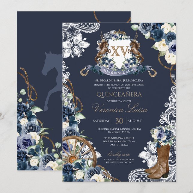 Convite Charro Horse Crest Royal Marinho Blue Quinceanera  (Frente/Verso)