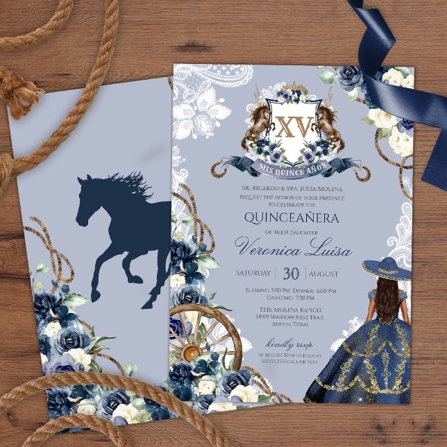 Convite Charro Horse Crest Royal Marinho Blue Quinceanera  (Criador carregado)