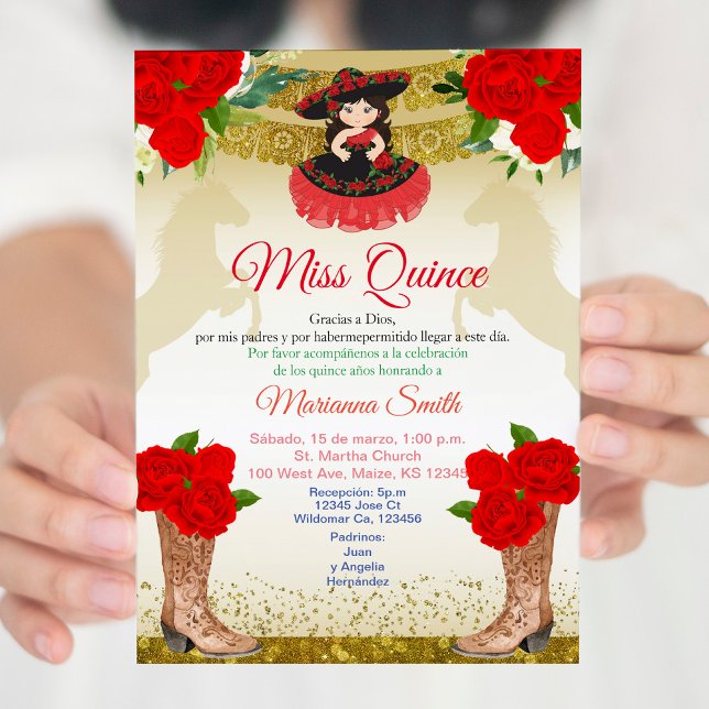 Convite Charro Quinceañera dourado vermelho (Criador carregado)