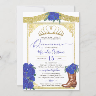 Convite Charro Quinceanera Floral Dourado Rosa Real Azul