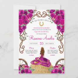 Convite Charro Quinceanera Floral Ocidental Magenta Rosa Q