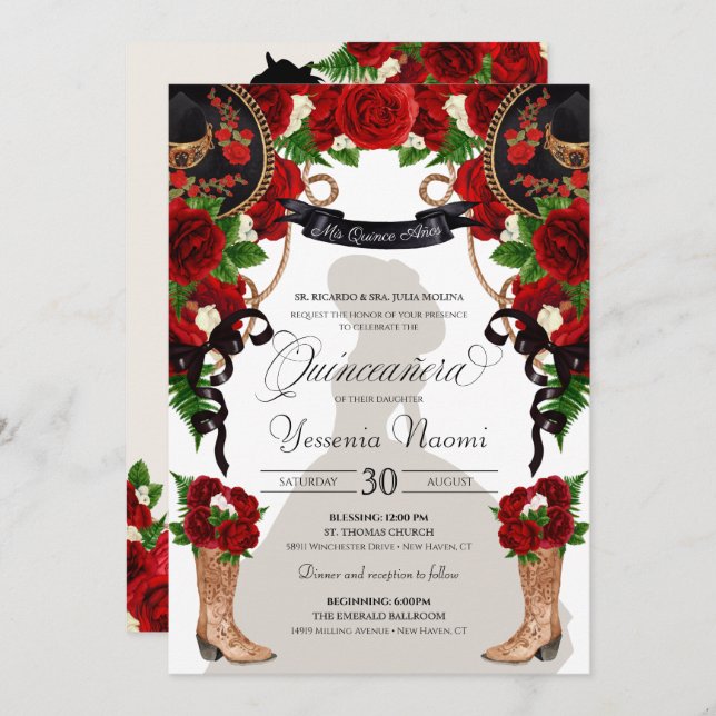Convite Charro Quinceanera Ocidental das rosas vermelhas e (Frente/Verso)