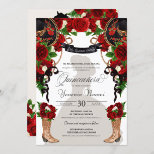 Convite Charro Quinceanera Ocidental das rosas vermelhas e