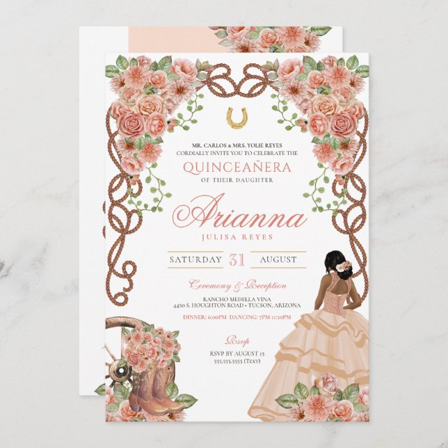 Convite Charro Quinceañera Rosa Dourada Blush Floral (Frente/Verso)