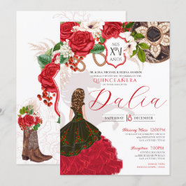 Convite Charro Quinceañera Rosa vermelha Floral Crest Ocid