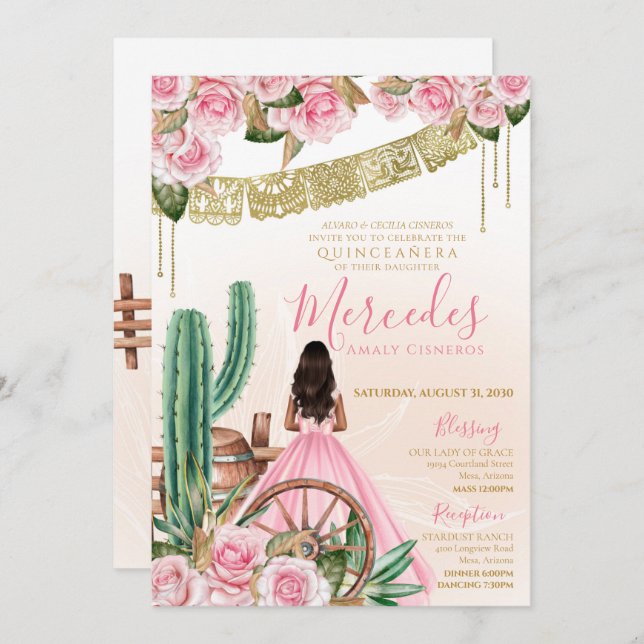 Convite Charro Rosa Oeste Belo Rosa de Cactos (Frente/Verso)
