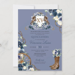 Convite Charro Royal Marinho Blue Floral Crest Quinceanera