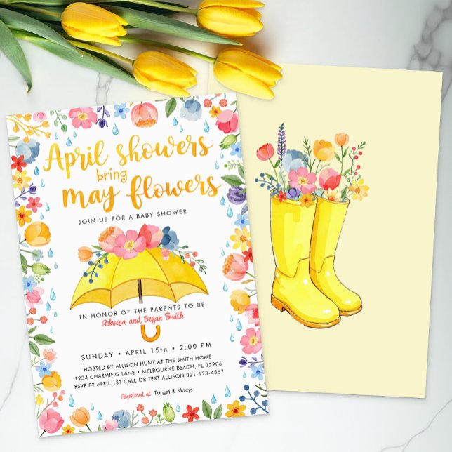 Convite Chás de abril trazem Chá de fraldas de flores (Umbrella Spring Baby Shower Themed Invite)