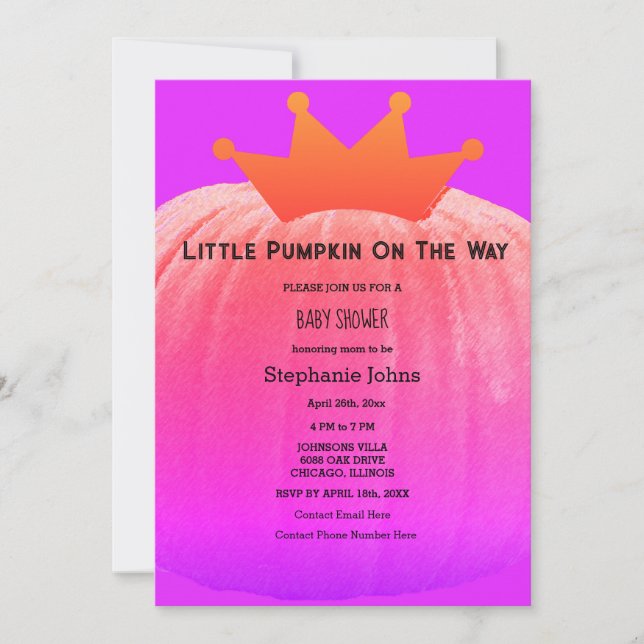 Convite Chás de fraldas Meninas Pumpkin Pink Purple Código (Frente)