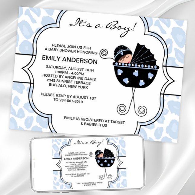 Convite Chás de Leopardo Negro Azul (Sweet carriage baby shower invitation. Instant download and printed invitations available.)