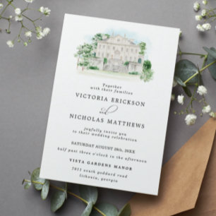 Convite Château Elegante Casamento de Mansão em Aquarela