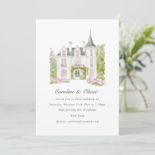 Convite Château Romântico Elegante Casamento Aquarela
