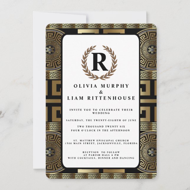 Convite Chave Grega Clássica Formal da Coroa de Louros da  (Frente)