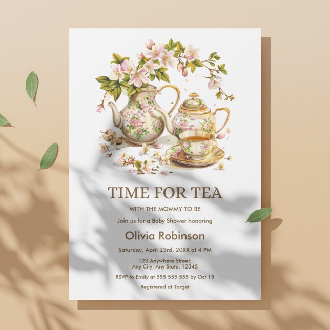 Convite Chávena Floral Hora do Chá Churrasco de Bebê  (Floral Teapot Time for Tea Baby Shower Invitation )