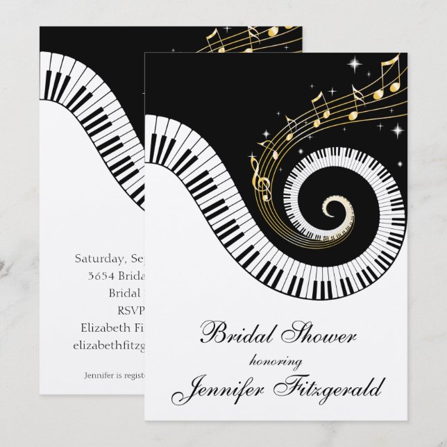 Convite Chaves do piano e chá de panela dourado das notas (Frente/Verso)