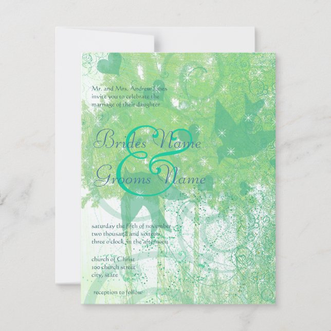 Convite Cheap Aqua Blue & Lime Birds & Swirls Wedding  (Frente)