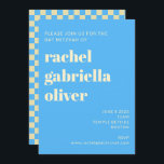 Convite Checkerboard Retro Aestético Blue Bat Bar Mitzvah<br><div class="desc">Concurso de Tabuleiro Estético Retroativo Azul e Branco Bat ou Bar Mitzvah</div>