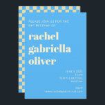 Convite Checkerboard Retro Aestético Blue Bat Bar Mitzvah<br><div class="desc">Concurso de Tabuleiro Estético Retroativo Azul e Branco Bat ou Bar Mitzvah</div>