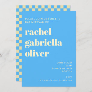 Convite Checkerboard Retro Aestético Blue Bat Bar Mitzvah