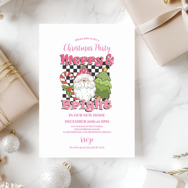 Convite Checkered Pink Merry & Bright Christmas Party (Criador carregado)