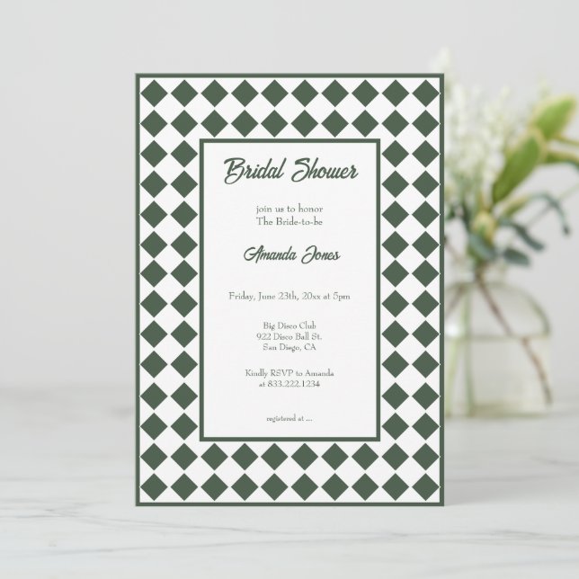 Convite Checkered Simple Modern Dark Green Bridal Shower (Em pé/Frente)