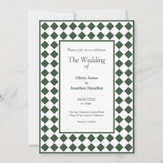 Convite Checkered Simple Modern Dark Green Wedding