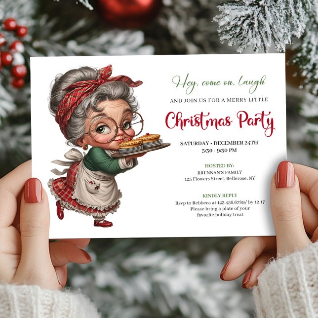 Convite Cheerful festive woman funny Christmas party   (Cheerful festive woman funny Christmas party invite)