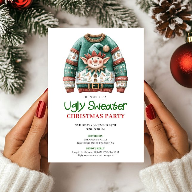 Convite Cheerful Funny Ugly Sweater Christmas Card (Cheerful Funny Ugly Sweater Christmas Card)