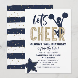 Convite Cheerleading Navy e Dourado Aniversário de Cheerle