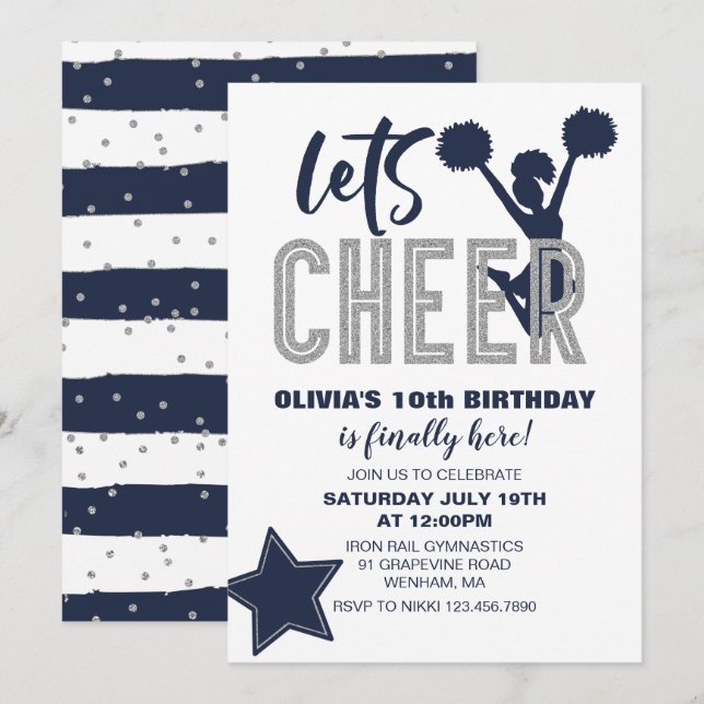 Convite Cheerleading Navy e Prata Cheer Aniversário (Frente/Verso)
