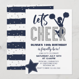 Convite Cheerleading Navy e Prata Cheer Aniversário