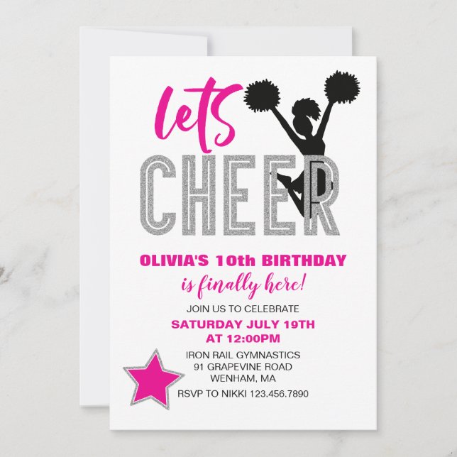 Convite Cheerleading Rosa Prata Preto Cheer Aniversário (Frente)