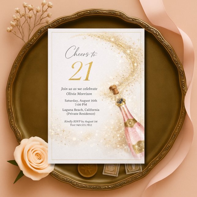Convite Cheers 21st Birthday Pink Gold Champagne (Criador carregado)
