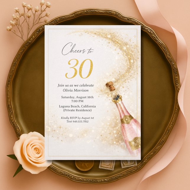 Convite Cheers 30th Birthday Pink Gold Champagne (Criador carregado)