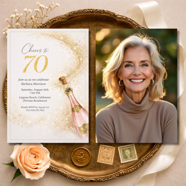 Convite Cheers 70th Birthday Photo Pink Gold Champagne (Criador carregado)
