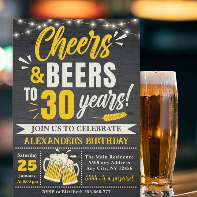 Convite Cheers and Beers to 30 Years, Beer-Themed  (Criador carregado)
